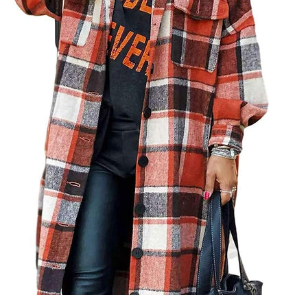 Women'S Flannel Plaid Shacket Long Sleeve Lounge Lapel Button down Shirt Jacket Trench Coat 2024