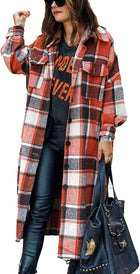 Women'S Flannel Plaid Shacket Long Sleeve Lounge Lapel Button down Shirt Jacket Trench Coat 2024