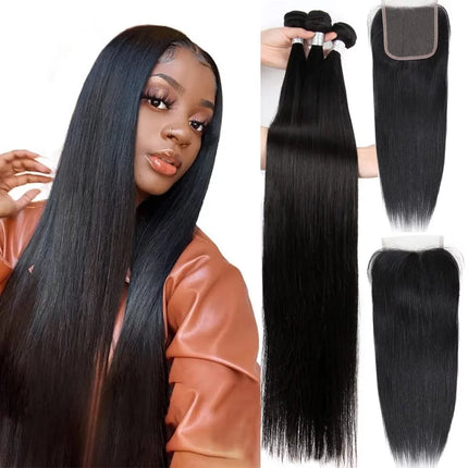 Brazilian Straight 3 Bundles with Closure (20 22 24+18) 100% Unprocessed Brazilian Straight Human Hair Bundles with 4X4 Lace Closure Free Part Natural Color