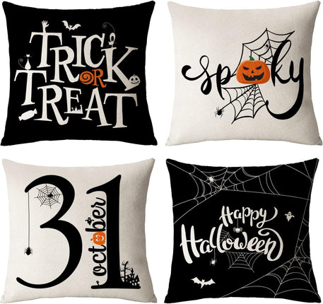 Halloween Pillow Covers 18X18 Set of 4 Trick or Treat Decorative Throw Pillows Cover Black Spider Webs Pillow Cases Home Outdoor Sofa Couch Cushion Covers for Halloween Decor (18 by 18)