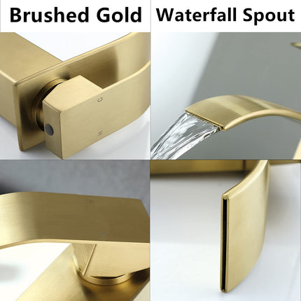 Gold Waterfall Spout Bathroom Faucet,Single Handle Single Hole Bathroom Vanity Sink Faucet, Rv Lavatory Vessel Faucet Basin Mixer Tap with Deck Plate, Brushed Gold