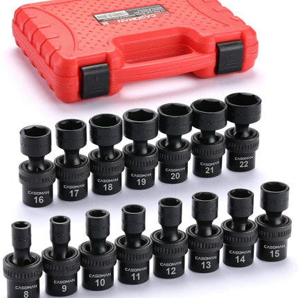 15 PCS 3/8" Drive Standard Universal Impact Socket Set, 6 Point, Metric,8-22Mm