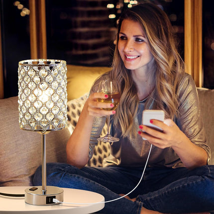 Table Lamps for Bedroom Set of 2-Crystal Table Lamp with USB C+A Ports & AC Outlet Sliver Nightstand Touch Lamp with 3-Way Dimmable Bedside Side Desk Lamp for Living/Bedroom (LED Bulb Included)