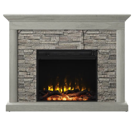 Electric Fireplace Mantel Package in Weathered Gray - Rustic Stacked Stone Surround - Heat 400 SQ FT