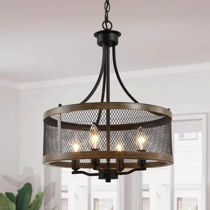 Black Drum Chandelier 4-Light Candlestick Dark Brown Farmhouse round Pendant with Open Cage Frame and Wood Accent