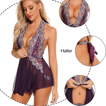 Women Lace Lingerie Babydoll Sexy Chemise Exotic Nightgowns Bridal Nightdress Purple L