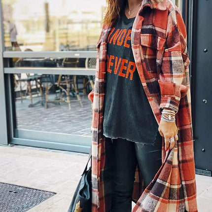 Women'S Flannel Plaid Shacket Long Sleeve Lounge Lapel Button down Shirt Jacket Trench Coat 2024