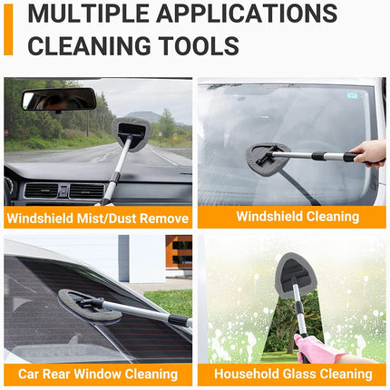 , Car Window Cleaner, Microfiber Car Windshield Cleaning Tool with Extendable Handle and Washable Reusable Cloth Pad Head Auto Interior Exterior Glass Wiper Kits, Grey