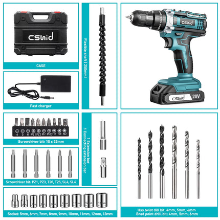 20V Cordless Power Drill Set, Drill Kit with 1 Lithium-Ion & Charger, 3/8" Keyless Chuck, Electric Drill W/ 2 Variable Speed & LED Light, 25+1 Position and 34Pcs Drill/Driver Bits(Blue)