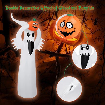 6FT Halloween Inflatables Clearance, Halloween Decoration Outdoor, Inflatable Ghost Holding Pumpkin with LED Lights, Halloween Blow up Yard Decorations for Holiday/Party/Garden