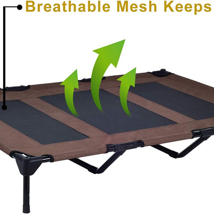 Elevated Pet Cot with Canopy, Portable Raised Pet Cot for Camping or Beach, Removable Canopy, Durable 1680D Oxford Fabric Raised Mesh Cot, Breathable Cooling Outdoor Dog Bed (Large, Brown)