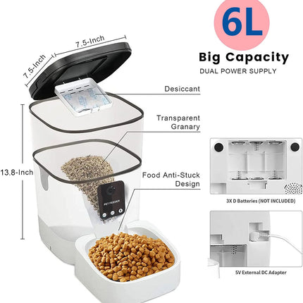 Pet Feeder,6L Automatic Pet Feeder for Cats and Dogs,1080P Camera,App Control,Voice Recorder,Timed Feeder for Schedule Feeding, Dual Power Supply,Wifi Pet Food Dispenser with App Control