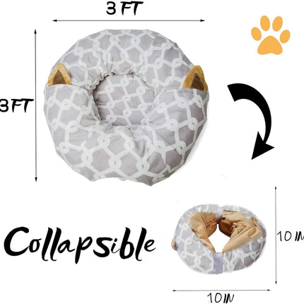 Large Cat Tunnel Bed with Plush Cover,Fluffy Toy Balls, Small Cushion and Flexible Design- 10 Inch Diameter, 3 Ft Length- Great for Cats, and Small Dogs, Gray Geometric Figure