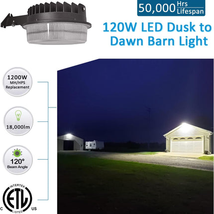 120W LED Barn Light, 18000Lm Dusk to Dawn Outdoor Yard Lighting with Photocell, 5000K Daylight, 1200W MH/HPS Replacement, ETL&DLC Listed Waterproof for Security Area Light