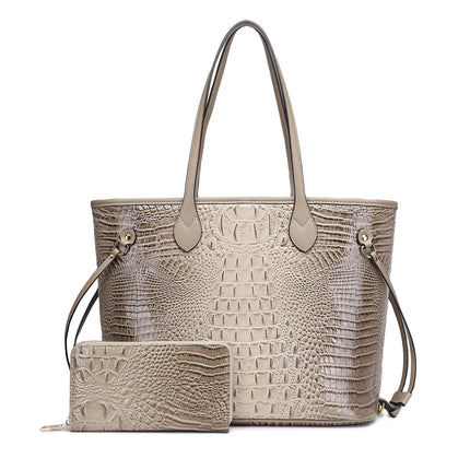 Croco Skin Shoulder Handbag with Wallet for Women. Designer Inspired Tote Bags. Beige Color. Size: (13.5 X 6.5 X11.5)