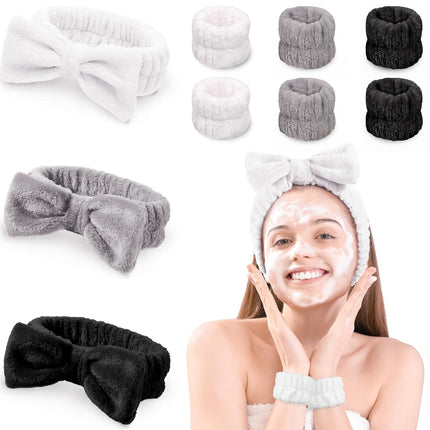 9 Pack Spa Headband Wristband Set, Bow Hair Band for Washing Face Facial Makeup