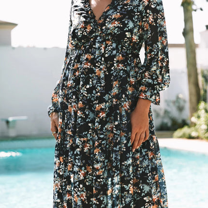 Blue Floral Print Maxi Dress for Women Fall Chiffon Deep V Neck Long Sleeves Ruffle Hem Party Dresses Fashion Elastic Cuffs Boho Dresses for Holiday Vacation, US 4-6(S)