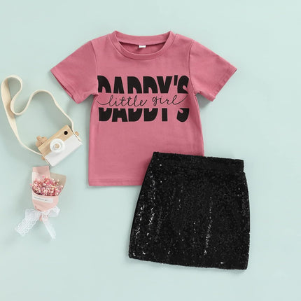 Toddler Girls 2Pcs Outfits Short Sleeve Daddy'S Little Girl Letter Print T-Shirt Top+Shiny Sequins Skirt (Pink Black, 18-24 Months), -Baby-20