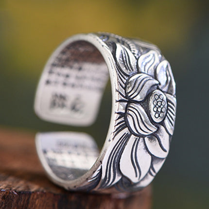 Thai Silver Black Lotus Heart Sutra  Ring