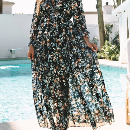 Blue Floral Print Maxi Dress for Women Fall Chiffon Deep V Neck Long Sleeves Ruffle Hem Party Dresses Fashion Elastic Cuffs Boho Dresses for Holiday Vacation, US 4-6(S)