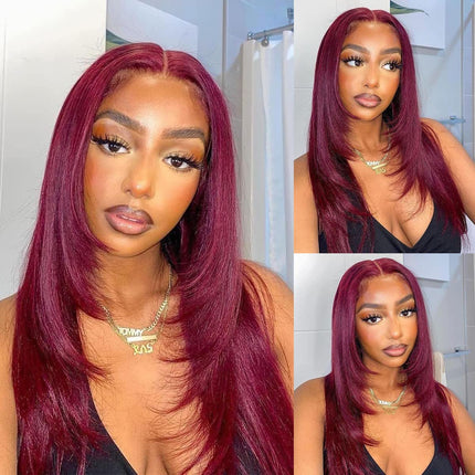 Burgundy Lace Front Wigs Human Hair for Black Women Red Wine Straight 5X5 Transparent Lace Closure Wig Long Silk Virgin Human Hair Pre Plucked with Baby Hair （18 Inches）