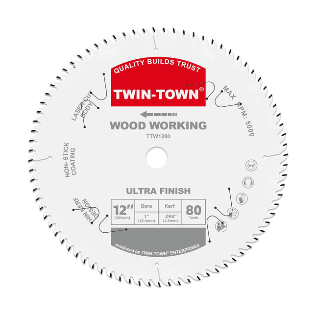 12-Inch Saw Blade, 80 Teeth,General Purpose for Soft Wood, Hard Wood & Plywood, ATB Grind, 1-Inch Arbor