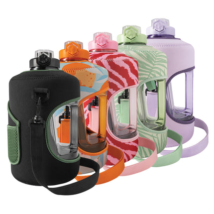 Motivational Gallon Jug Water Bottle with Handle, Push Button Lid & Straw, Neoprene Sleeve, Easy-Carry Strap, Black