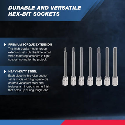 10072A 3/8-Inch Drive Extra Long Allen Hex Bit Socket Set, SAE, 1/8-Inch - 3/8-Inch | S2 and Cr-V Steel, 7-Piece Set