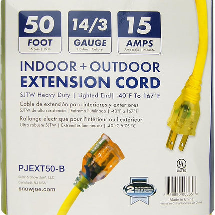 PJEXT50-B Power Joe 14/3 50-Feet SJTW Outdoor Extension Cord with Lighted End, Yellow