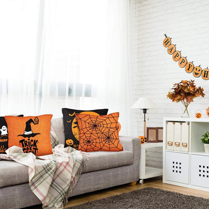 "Halloween Pillow Covers Decor,  4 Pcs 18X18 Inches Fall Pillow Covers Orange and Black Pillow Case, Happy Halloween Linen Sofa Bed Throw Cushion"