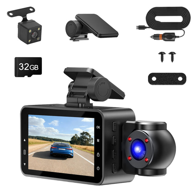 WiFi FHD 1080P 3 Channel Car Dash Cam Front Rear Inside With 32G MMC Card Motion Detection Loop Recording Infrared Night Vision Surveillance Car Camera With App Control