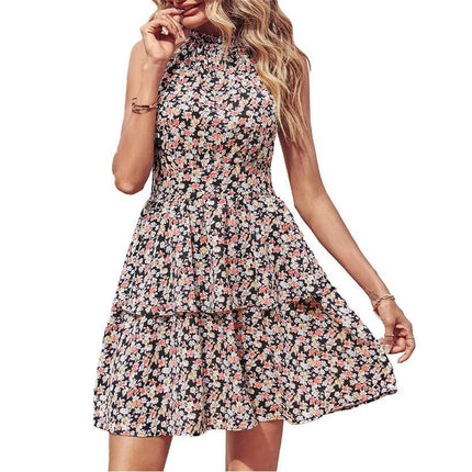 Summer Printed Halter Dress Fashion Boho Backless Ruffled A-Line Beach Dresses For Womens Clothing