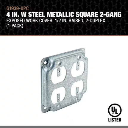 4 In. Steel Metallic, Square Box Cover, 2 Duplex, 1/2 In. Raised (1-Pack)