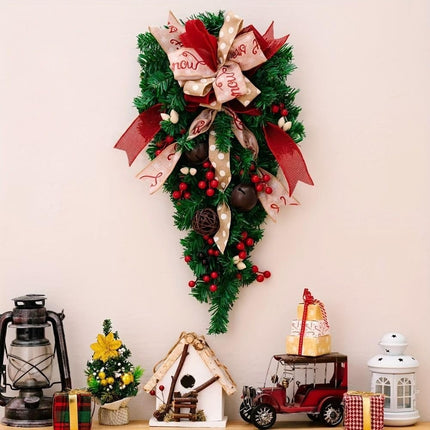 Christmas Candy Cane Wreath Xmas Teardrop Wreath Green Leaves Wreath Wall Hanging Door Garland Front Door Holiday Decoration