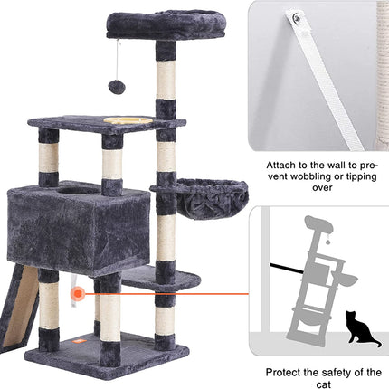 Cat Tree, Cat Tower for Indoor Cats with Scratching Board, Multi-Level Cat Furniture Condo with Feeding Bowl Smoky Gray HCT010G