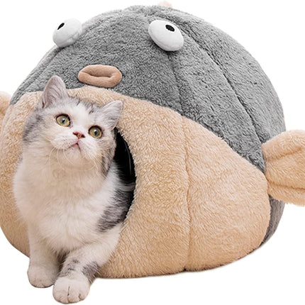 Cat Beds for Indoor Cats - Cat Bed Cave with Removable Washable Cushioned Pillow, Soft Plush Premium Cotton No Deformation Pet Bed, Lively Pufferfish Cat House Design, Grey, Multiple Sizes(S)