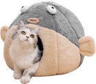 Cat Beds for Indoor Cats - Cat Bed Cave with Removable Washable Cushioned Pillow, Soft Plush Premium Cotton No Deformation Pet Bed, Lively Pufferfish Cat House Design, Grey, Multiple Sizes(S)