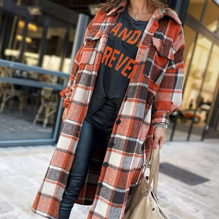 Women'S Flannel Plaid Shacket Long Sleeve Lounge Lapel Button down Shirt Jacket Trench Coat 2024