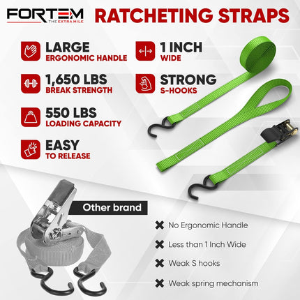 Ratchet Straps, 1650Lb Break Strength, 4 15Ft Tie down Strap Set, 4 Soft Loops, Motorcycle Straps Tie Downs, Cargo Straps for Trucks, Rubber Handles, Coated Metal Hooks, Carry Bag (Green)