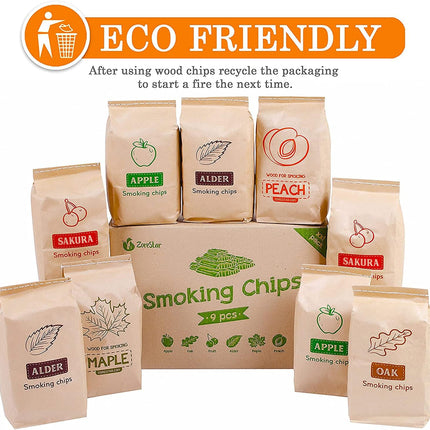 Wood Smoking Chips for Smoker | 9-Piece Variety Pack of Natural Wood Chips - Oak, Alder, Cherry, Apple, Sakura, Peach, and Maple | Suitable for Smokers, Electric & Gas Grill | Bonus E-Book