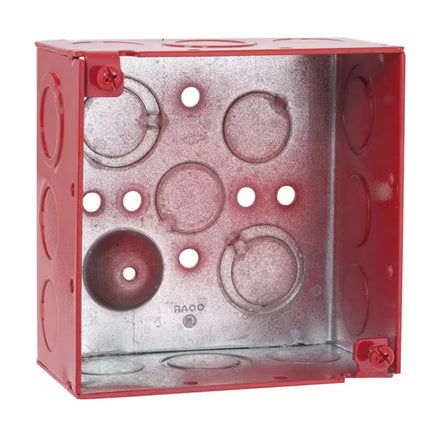 4 In. W X 2-1/8 In. D Steel Red 2-Gang Life Safety Welded Square Box with Eleven 1/2 In. Ko'S and Six Tko'S, 1-Pack