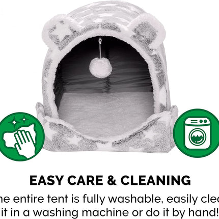 Cat Bed Cave for Indoor Cats & Small Dogs, Washable & Foldable W/ Plush Ball Toy - Cozy Cave-Bear Pet Tent - Silver Stars, Small