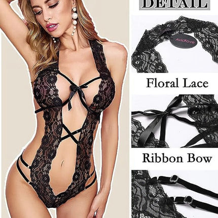 Women Lace Lingerie Deep V Bodysuit One Piece Babydoll Teddy Underwear Black