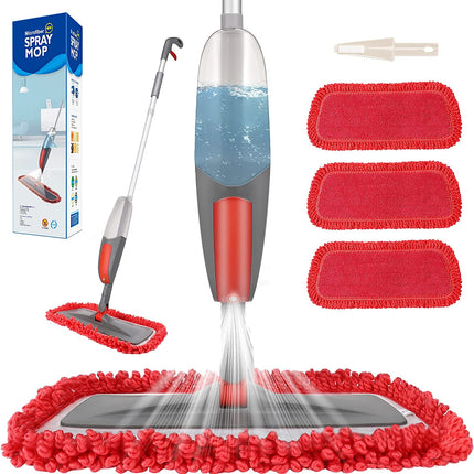 Spray Mop, Floor Mop, 550Ml Wet Jet Mop with 3 Free Reusable Microfiber Pads Multi Mop with Refillable Bottle for Hardwood Floor, Wood, Laminate (Red)