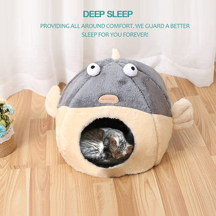 Cat Beds for Indoor Cats - Cat Bed Cave with Removable Washable Cushioned Pillow, Soft Plush Premium Cotton No Deformation Pet Bed, Lively Pufferfish Cat House Design, Grey, Multiple Sizes(S)