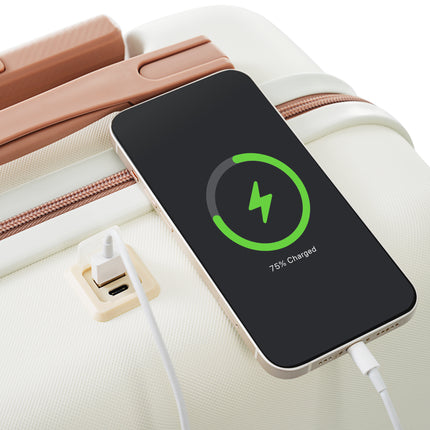 4-piece Suitcase Set With USB Port, Expandable ABS Durable Suitcase With Travel Bag, Cup Holder, With Spinner Wheels, Beige