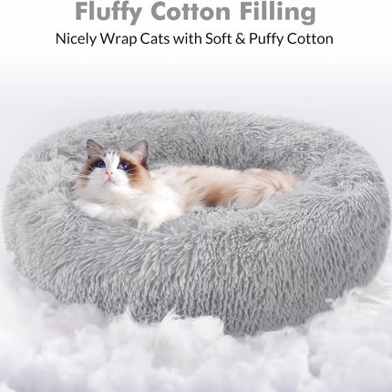 Cat Bed for Indoor Cats, Fluffy round Self Warming Calming Soft Plush Donut Cuddler Cushion Pet Bed for Small Dogs Kittens, 20 Inches