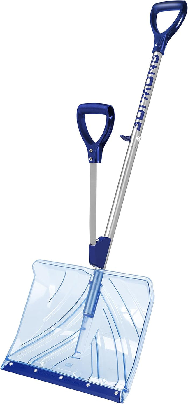 Shovelution SJ-SHLV02 18-Inch Strain-Reducing Indestructible Shatter Resistant Polycarbonate Snow Shovel W/Spring Assisted Handle, Blue