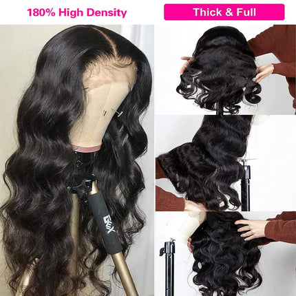 4X4 HD Transparent Body Wave Lace Front Wigs Human Hair with Baby Hair Bleached Knots Black Color 180% Density Brazilian Lace Glueless Human Hair Wigs for Black Women (26 Inch, Natural Black)