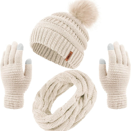 Womens Winter Warm Sets Knitted Fur Pompoms Beanie Hat Circle Loop Scarf Touch Screen Gloves Winter Favor Accessories